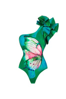 Laden Sie das Bild in den Galerie-Viewer, Dunkelgrüner Einschulteriger Zweiteiliger Badeanzug mit Rüschen und Deckmantel