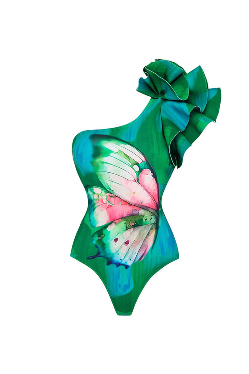 Laden Sie das Bild in den Galerie-Viewer, Dunkelgrüner Einschulteriger Zweiteiliger Badeanzug mit Rüschen und Deckmantel