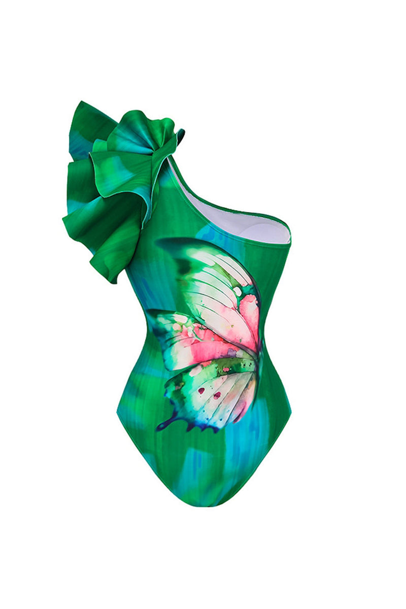 Laden Sie das Bild in den Galerie-Viewer, Dunkelgrüner Einschulteriger Zweiteiliger Badeanzug mit Rüschen und Deckmantel