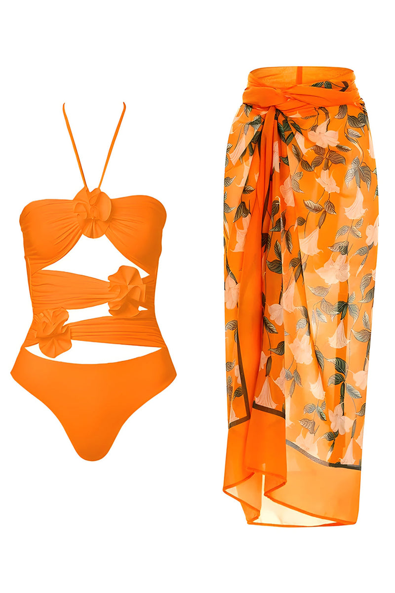 Laden Sie das Bild in den Galerie-Viewer, Oranger Zweiteiliger Ausgeschnittener 3D-Blumenbadeanzug mit Strandkleid