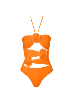 Oranger Zweiteiliger Ausgeschnittener 3D-Blumenbadeanzug mit Strandkleid