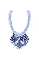 Laden Sie das Bild in den Galerie-Viewer, Zweiteiliger Badeanzug mit blauem Rüschenmuster und Bedeckung