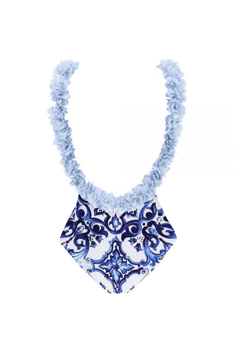 Laden Sie das Bild in den Galerie-Viewer, Zweiteiliger Badeanzug mit blauem Rüschenmuster und Bedeckung