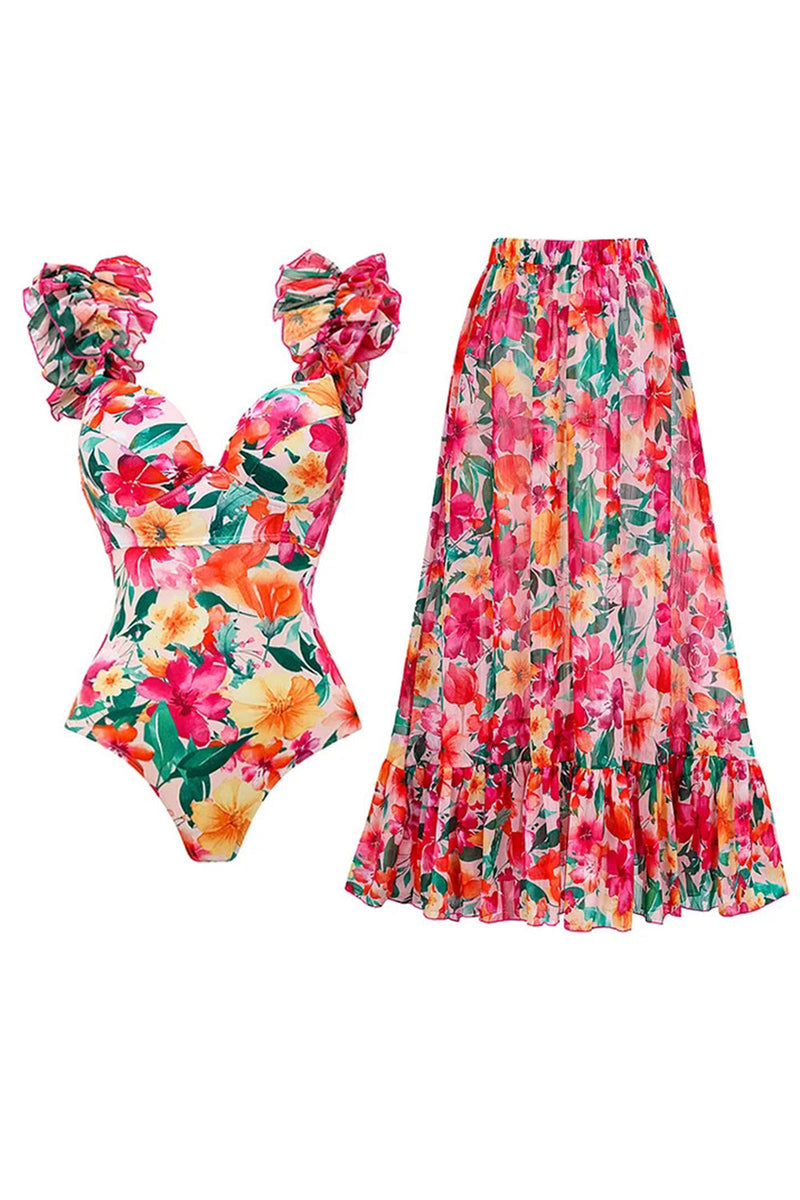 Laden Sie das Bild in den Galerie-Viewer, Rote Blume Zweiteiliger Rüschen Badeanzug mit Deckmantel