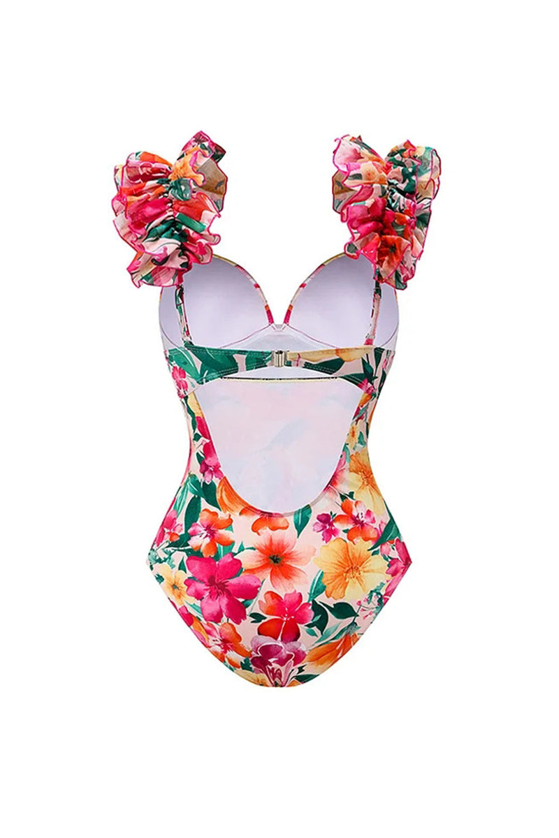 Laden Sie das Bild in den Galerie-Viewer, Rote Blume Zweiteiliger Rüschen Badeanzug mit Deckmantel