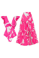 Laden Sie das Bild in den Galerie-Viewer, Fuchsia 2-teiliger V-Ausschnitt Badeanzug mit Cover Up