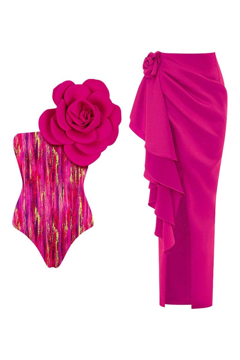 Laden Sie das Bild in den Galerie-Viewer, Eine Schulter Fuchsia 3D-Blumen Badeanzug in Zwei Teilen mit Strandkleid