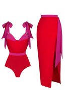 Laden Sie das Bild in den Galerie-Viewer, Roter Zweiteiliger Spaghettiträger Badeanzug mit Strandkleid