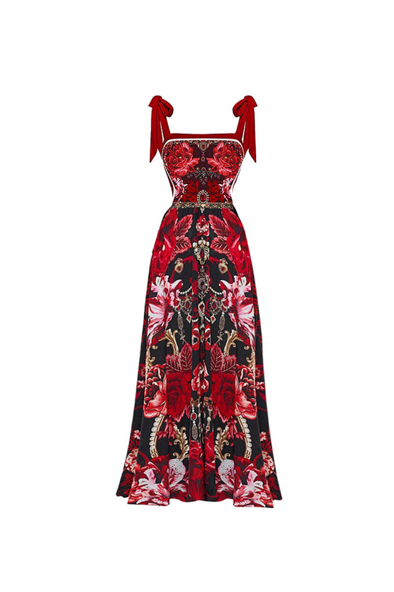 Laden Sie das Bild in den Galerie-Viewer, 2-teilige Spaghetti-Träger Schwarzer Roter Blumenbadeanzug mit Deckmantel