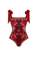 Laden Sie das Bild in den Galerie-Viewer, 2-teilige Spaghetti-Träger Schwarzer Roter Blumenbadeanzug mit Deckmantel