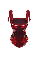 Laden Sie das Bild in den Galerie-Viewer, 2-teilige Spaghetti-Träger Schwarzer Roter Blumenbadeanzug mit Deckmantel