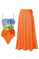Laden Sie das Bild in den Galerie-Viewer, 2-teilige Spaghetti-Träger Orange 3D-Blumen Badeanzug mit Bedeckung