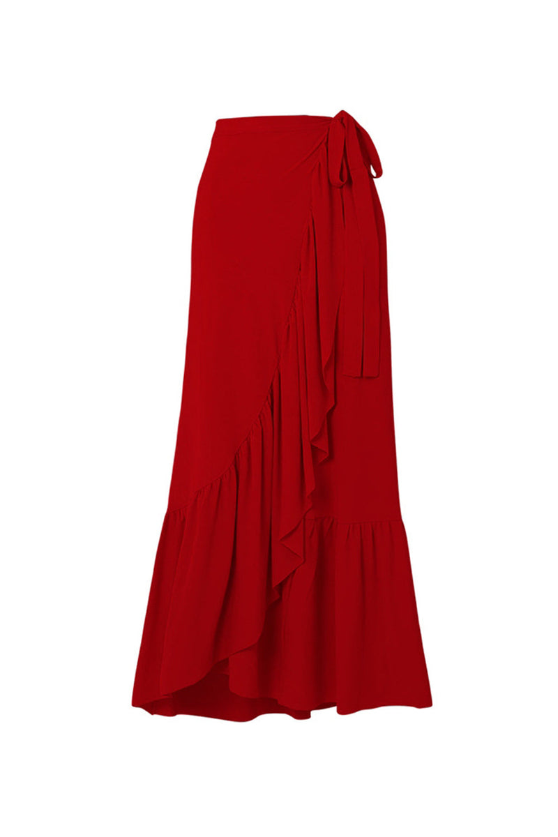 Laden Sie das Bild in den Galerie-Viewer, Roter Zweiteiliger V-Ausschnitt Badeanzug mit Rüschen und Strandkleid