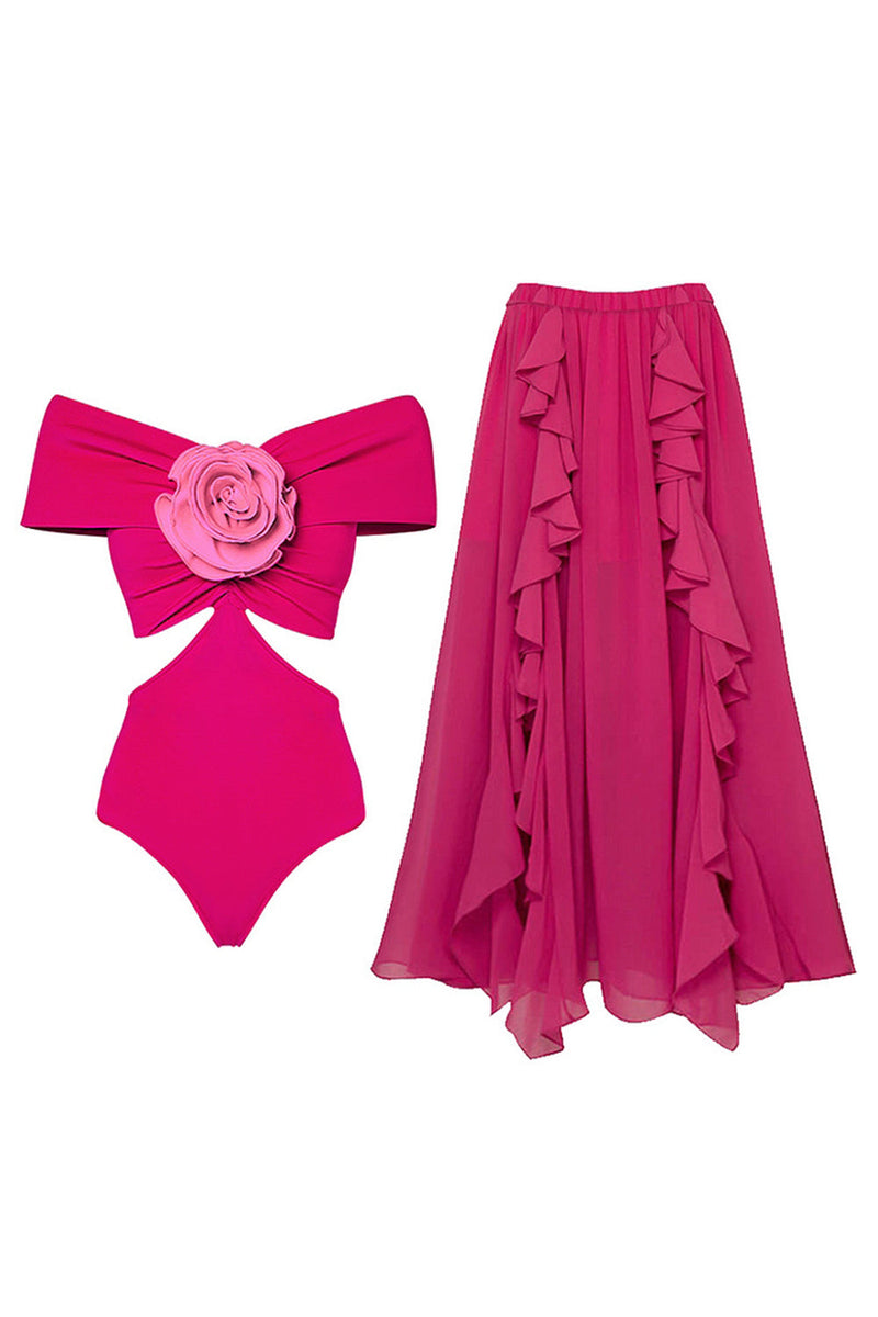 Laden Sie das Bild in den Galerie-Viewer, Schulterfreier Fuchsia Zweiteiliger 3D-Blumen Badeanzug mit Strandkleid