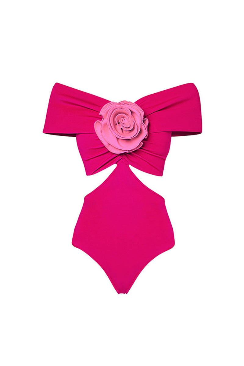 Laden Sie das Bild in den Galerie-Viewer, Schulterfreier Fuchsia Zweiteiliger 3D-Blumen Badeanzug mit Strandkleid