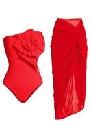Laden Sie das Bild in den Galerie-Viewer, Roter Trägerloser Zweiteiliger Geraffter Badeanzug mit Deckmantel