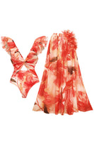 Laden Sie das Bild in den Galerie-Viewer, Orange Zweiteiliger V-Ausschnitt Badeanzug mit Rüschen und Strandkleid