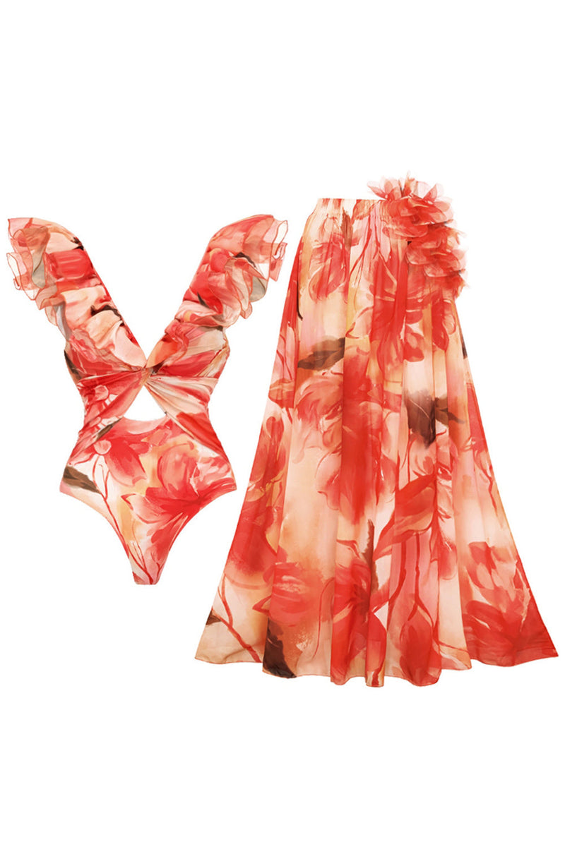 Laden Sie das Bild in den Galerie-Viewer, Orange Zweiteiliger V-Ausschnitt Badeanzug mit Rüschen und Strandkleid