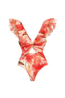 Orange Zweiteiliger V-Ausschnitt Badeanzug mit Rüschen und Strandkleid