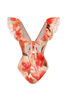 Laden Sie das Bild in den Galerie-Viewer, Orange Zweiteiliger V-Ausschnitt Badeanzug mit Rüschen und Strandkleid