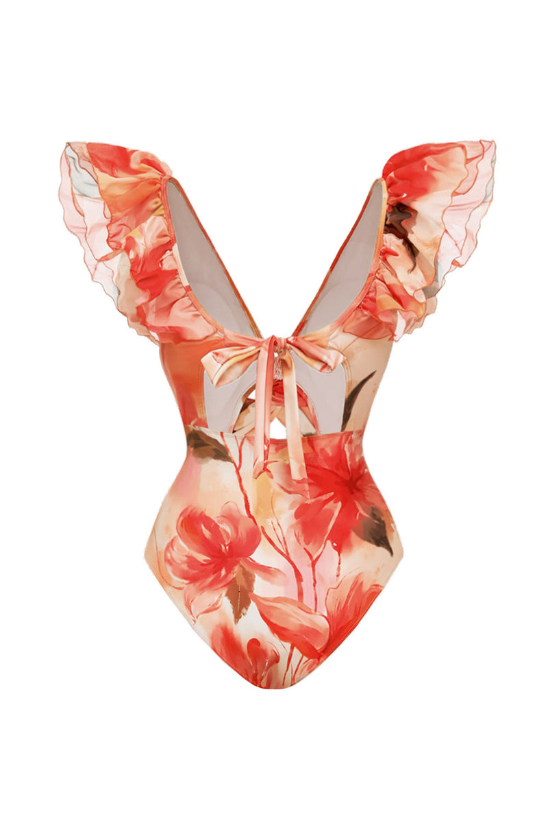 Laden Sie das Bild in den Galerie-Viewer, Orange Zweiteiliger V-Ausschnitt Badeanzug mit Rüschen und Strandkleid