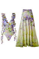 Laden Sie das Bild in den Galerie-Viewer, Grüner Blumen Zweiteiliger V-Ausschnitt Rüschen Badeanzug mit Strandkleid