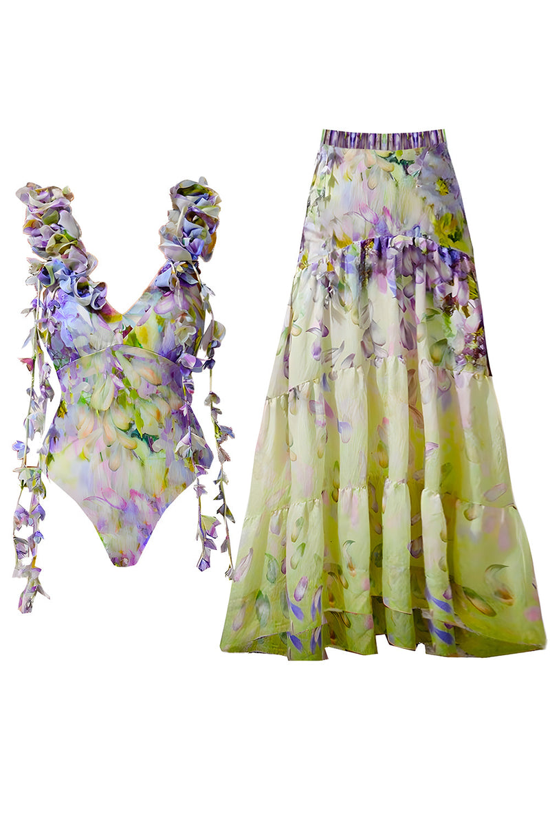 Laden Sie das Bild in den Galerie-Viewer, Grüner Blumen Zweiteiliger V-Ausschnitt Rüschen Badeanzug mit Strandkleid