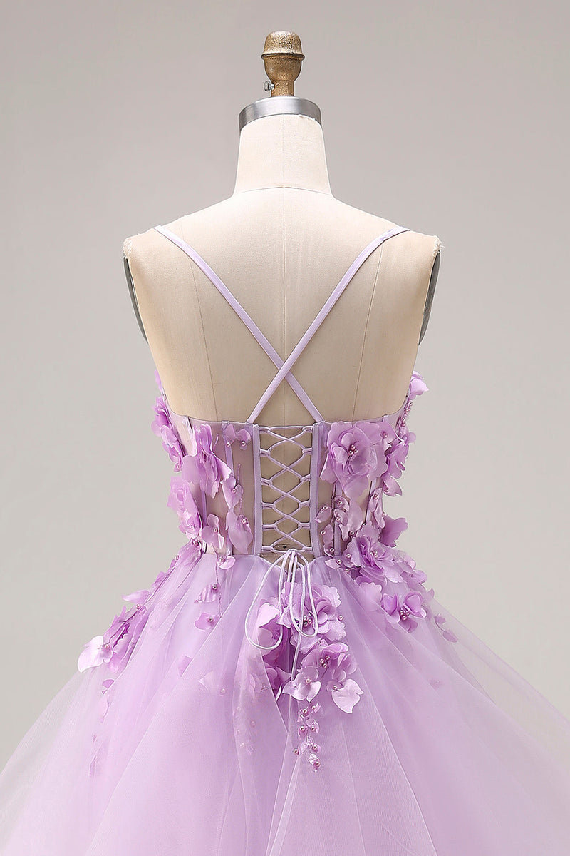 Laden Sie das Bild in den Galerie-Viewer, Flieder Organza Herzausschnitt A-Linie Schnürrücken Langes Ballkleid mit Applikationen