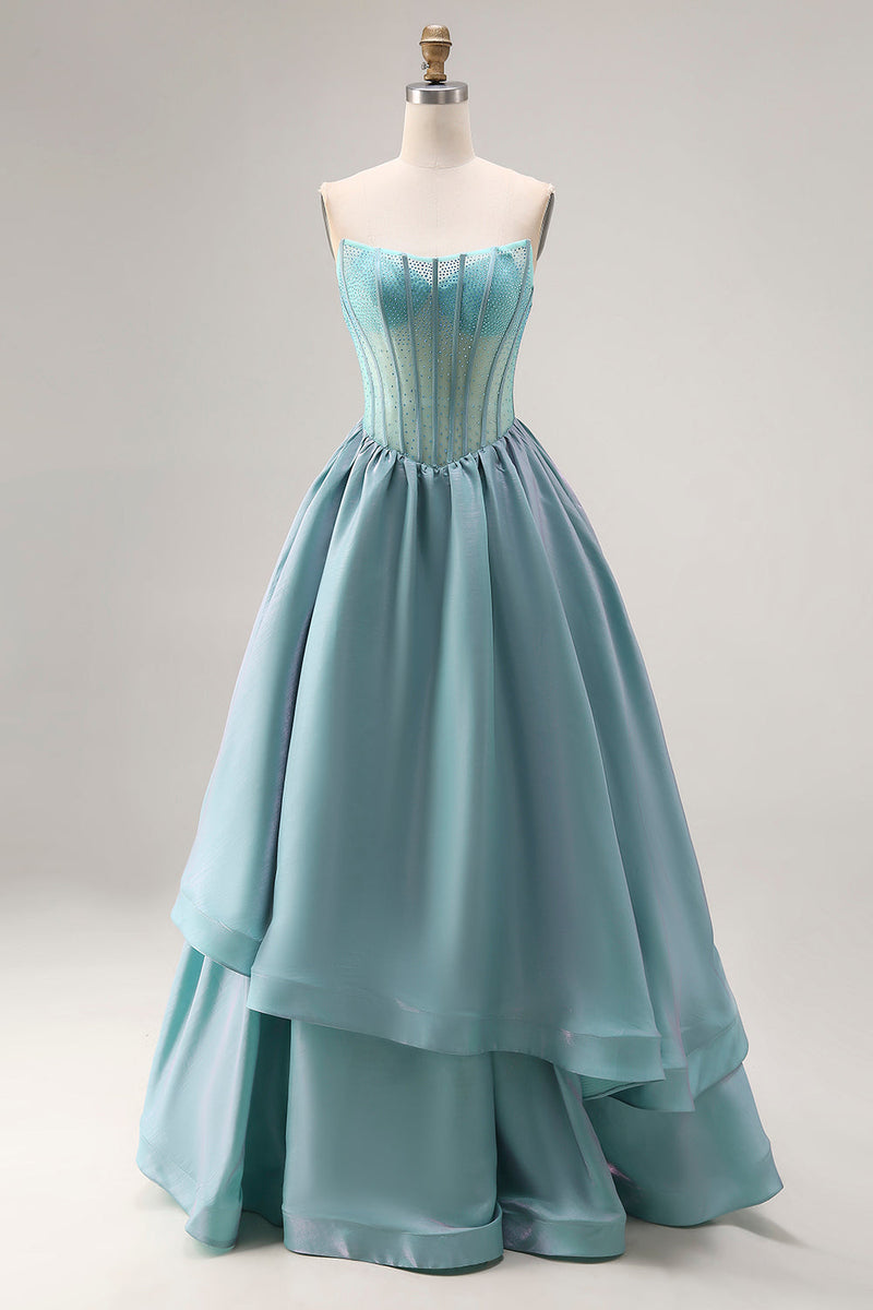 Laden Sie das Bild in den Galerie-Viewer, Türkis Perlenkorsett Trägerloses A-Linie Langes Satin Abschlussballkleid