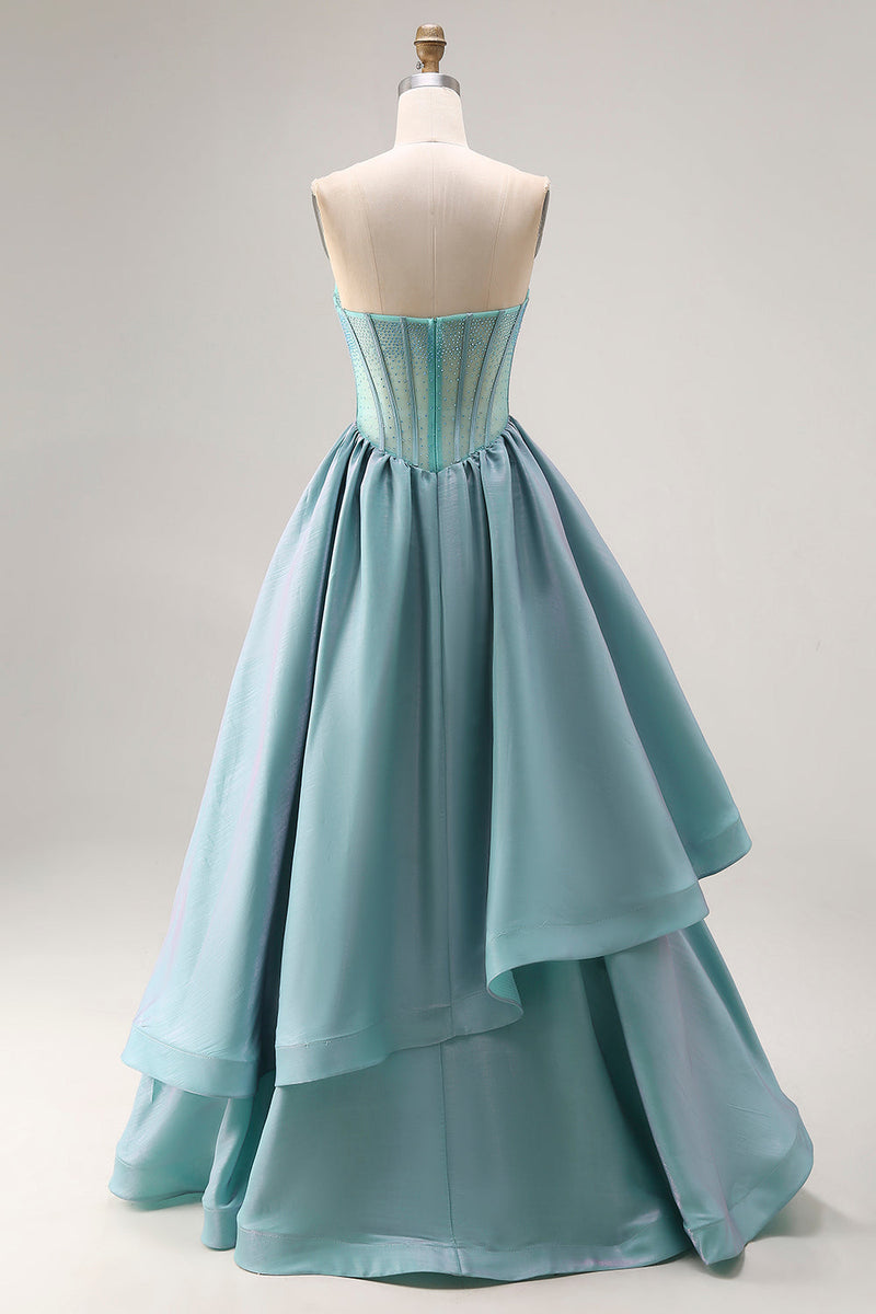 Laden Sie das Bild in den Galerie-Viewer, Türkis Perlenkorsett Trägerloses A-Linie Langes Satin Abschlussballkleid