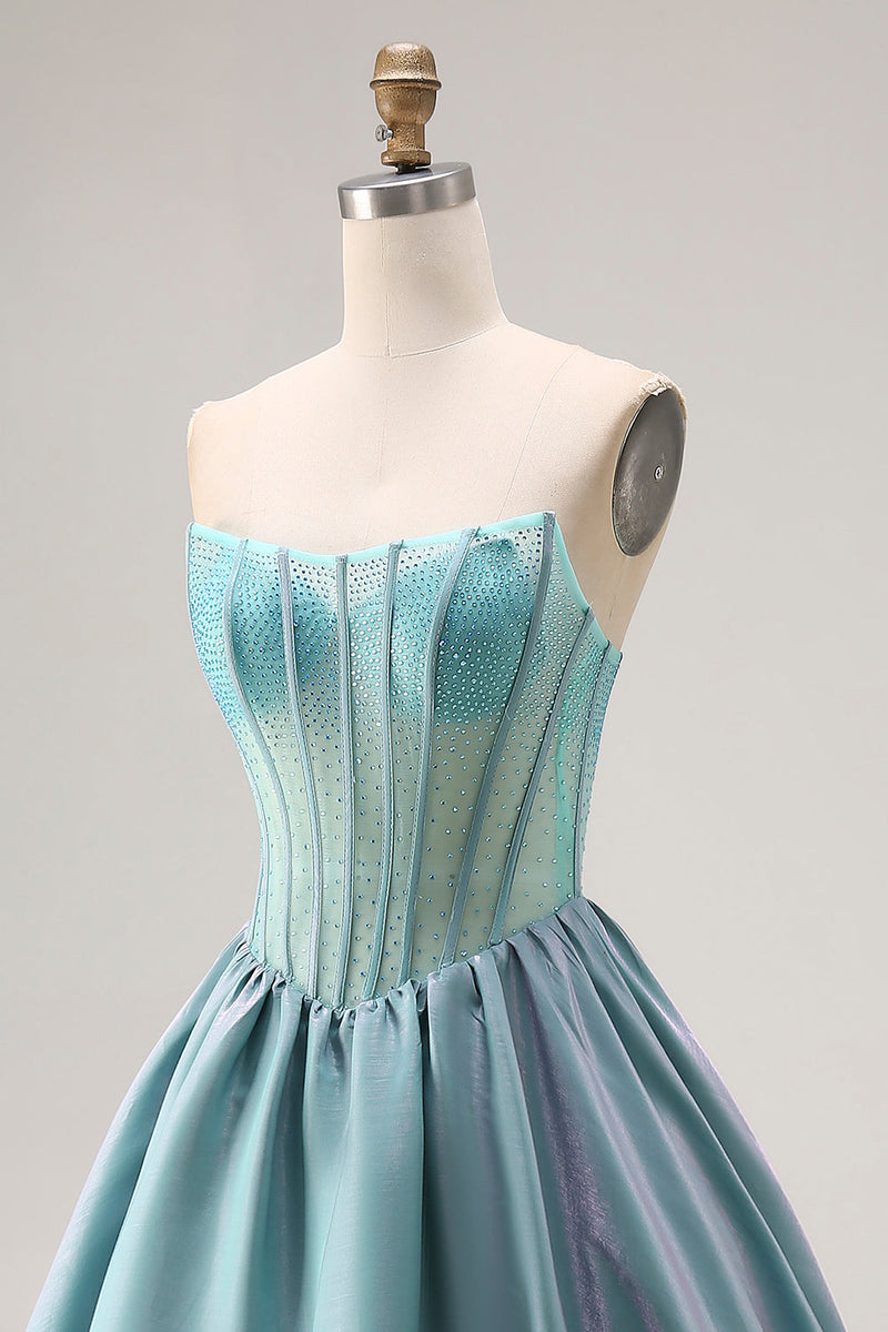 Laden Sie das Bild in den Galerie-Viewer, Türkis Perlenkorsett Trägerloses A-Linie Langes Satin Abschlussballkleid