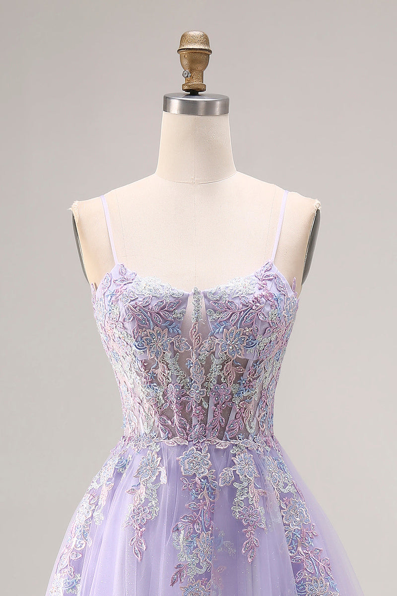 Laden Sie das Bild in den Galerie-Viewer, Flieder Applikiertes Korsett Tüll Spaghettiträger A-Linie Langes Abschlussballkleid mit Schlitz