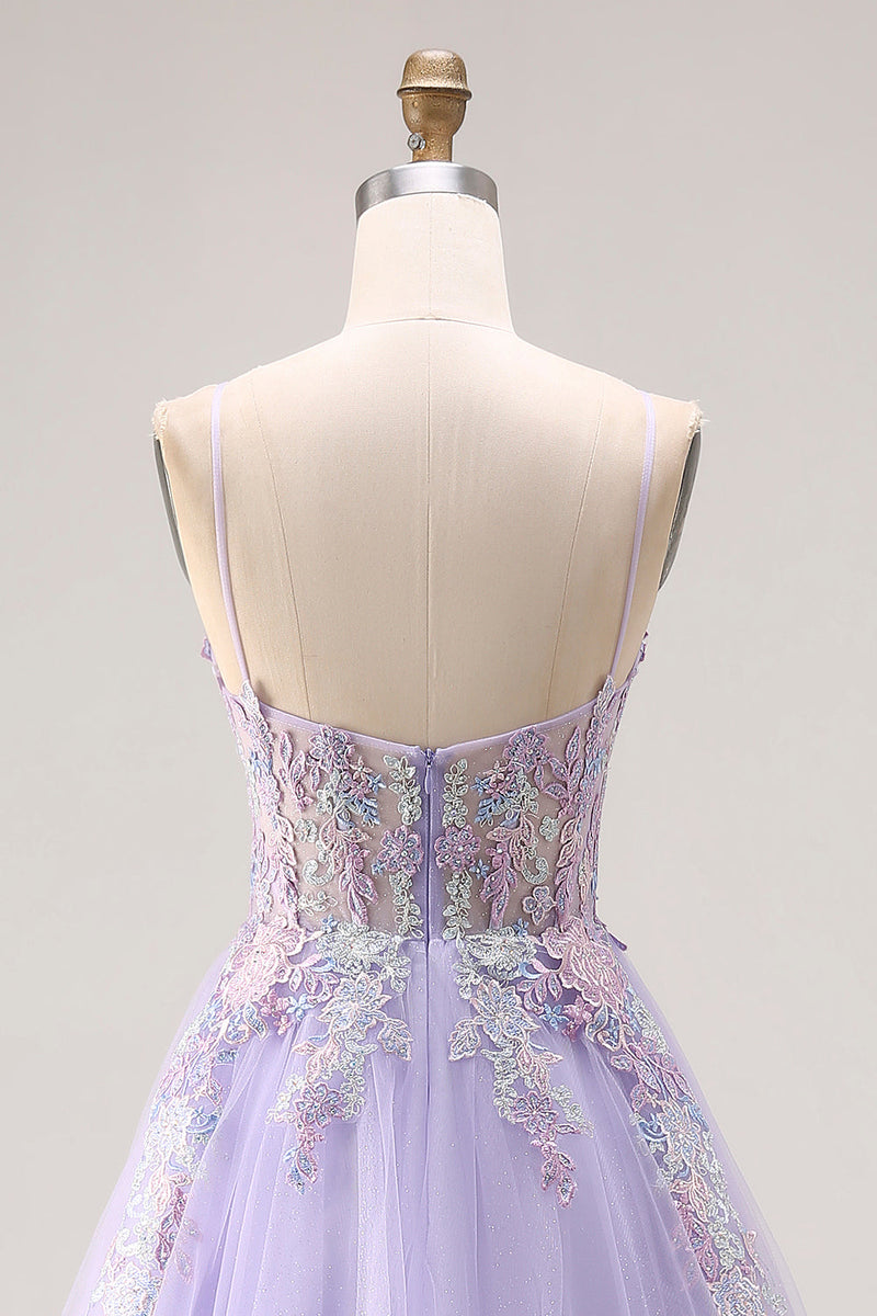 Laden Sie das Bild in den Galerie-Viewer, Flieder Applikiertes Korsett Tüll Spaghettiträger A-Linie Langes Abschlussballkleid mit Schlitz
