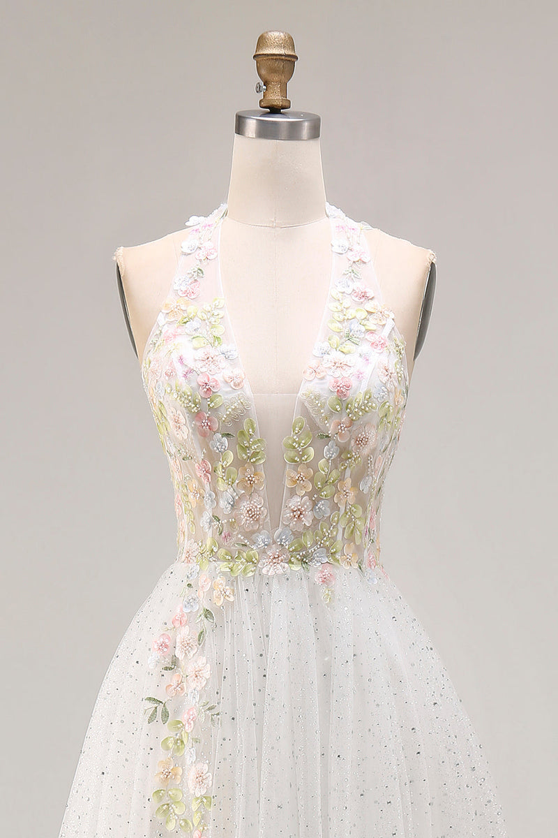Laden Sie das Bild in den Galerie-Viewer, Weißes Applikiertes Korsett Tüll V-Ausschnitt A-Linie Langes Abschlussballkleid mit Schlitz