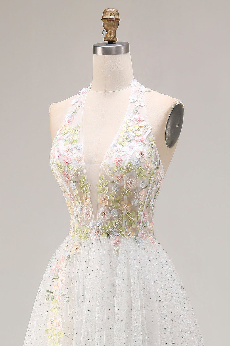 Laden Sie das Bild in den Galerie-Viewer, Weißes Applikiertes Korsett Tüll V-Ausschnitt A-Linie Langes Abschlussballkleid mit Schlitz