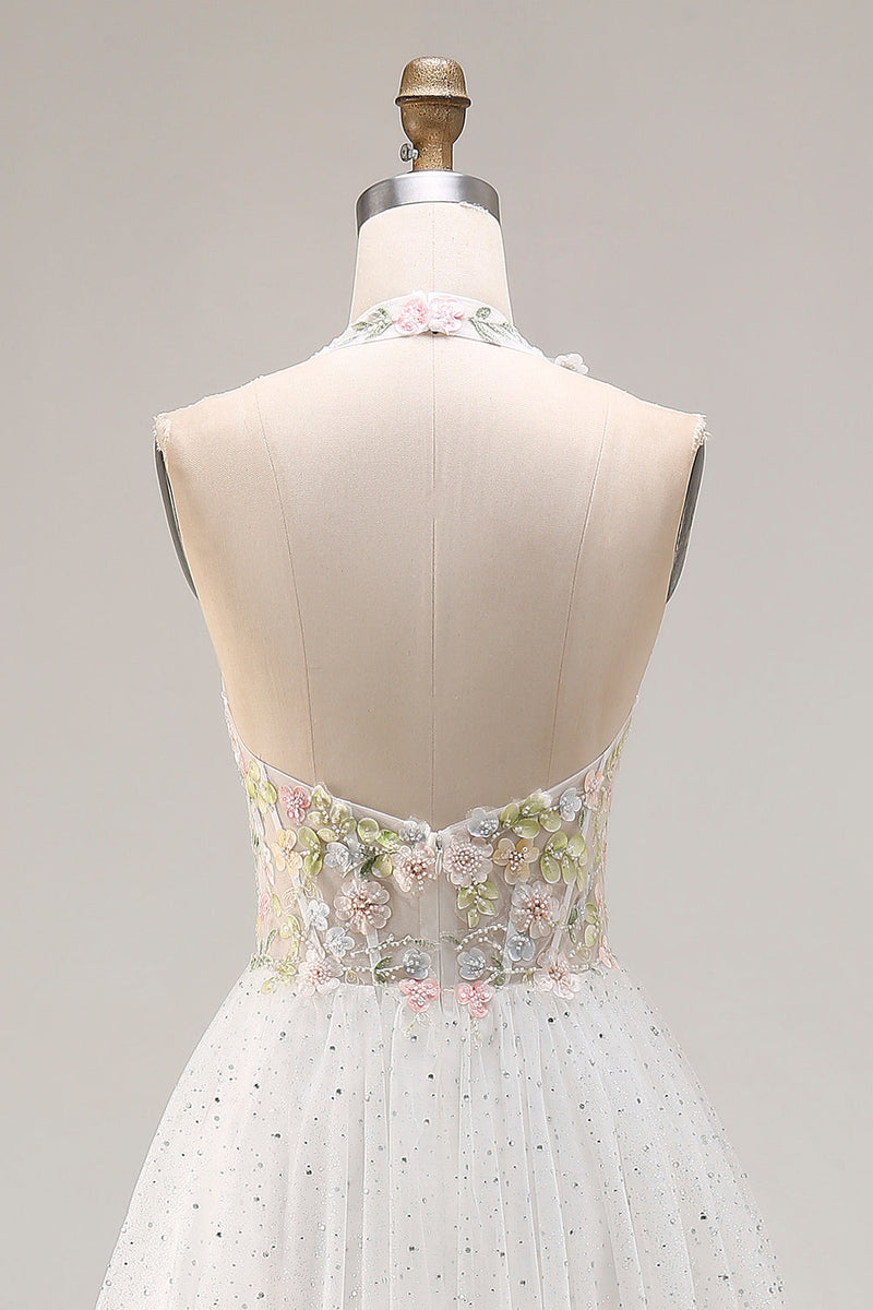 Laden Sie das Bild in den Galerie-Viewer, Weißes Applikiertes Korsett Tüll V-Ausschnitt A-Linie Langes Abschlussballkleid mit Schlitz