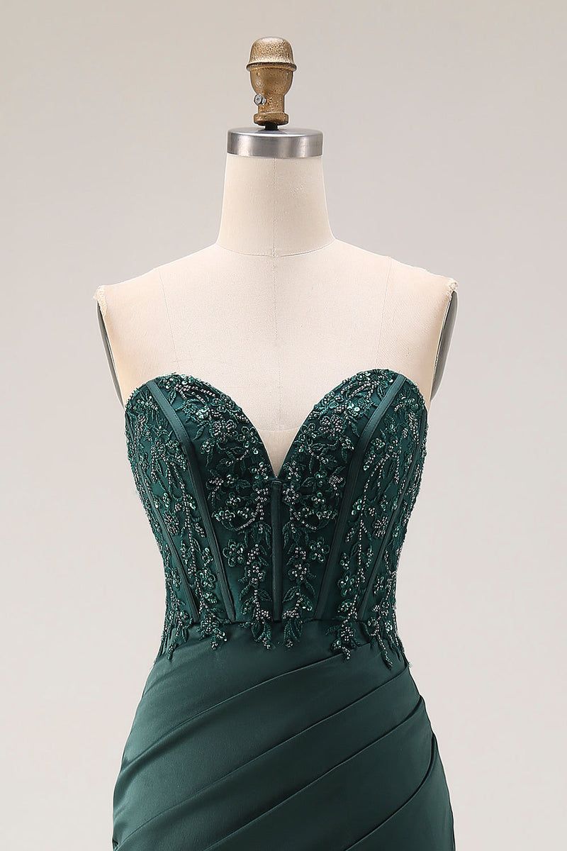 Laden Sie das Bild in den Galerie-Viewer, Dunkelgrünes Meerjungfrauen Trägerloses Appliquiertes Korsett Gerafftes Abschlussballkleid mit Schlitz
