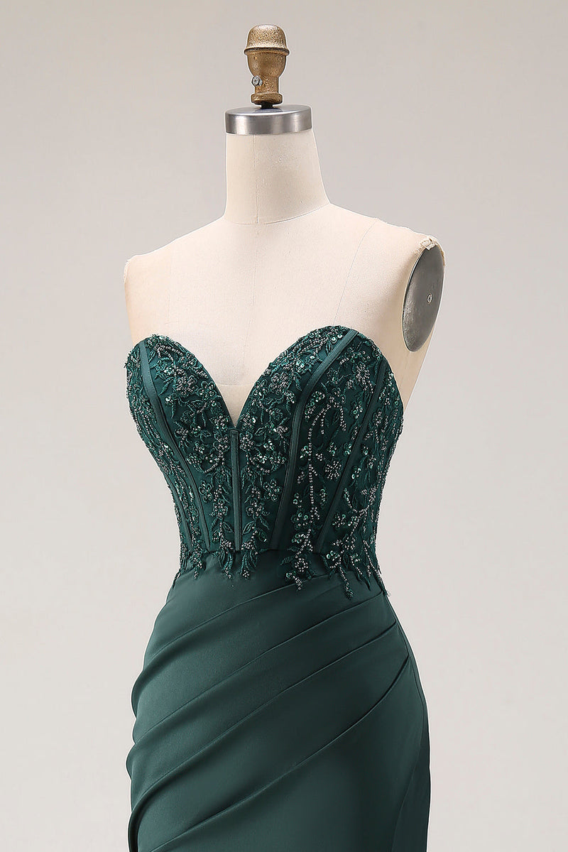 Laden Sie das Bild in den Galerie-Viewer, Dunkelgrünes Meerjungfrauen Trägerloses Appliquiertes Korsett Gerafftes Abschlussballkleid mit Schlitz