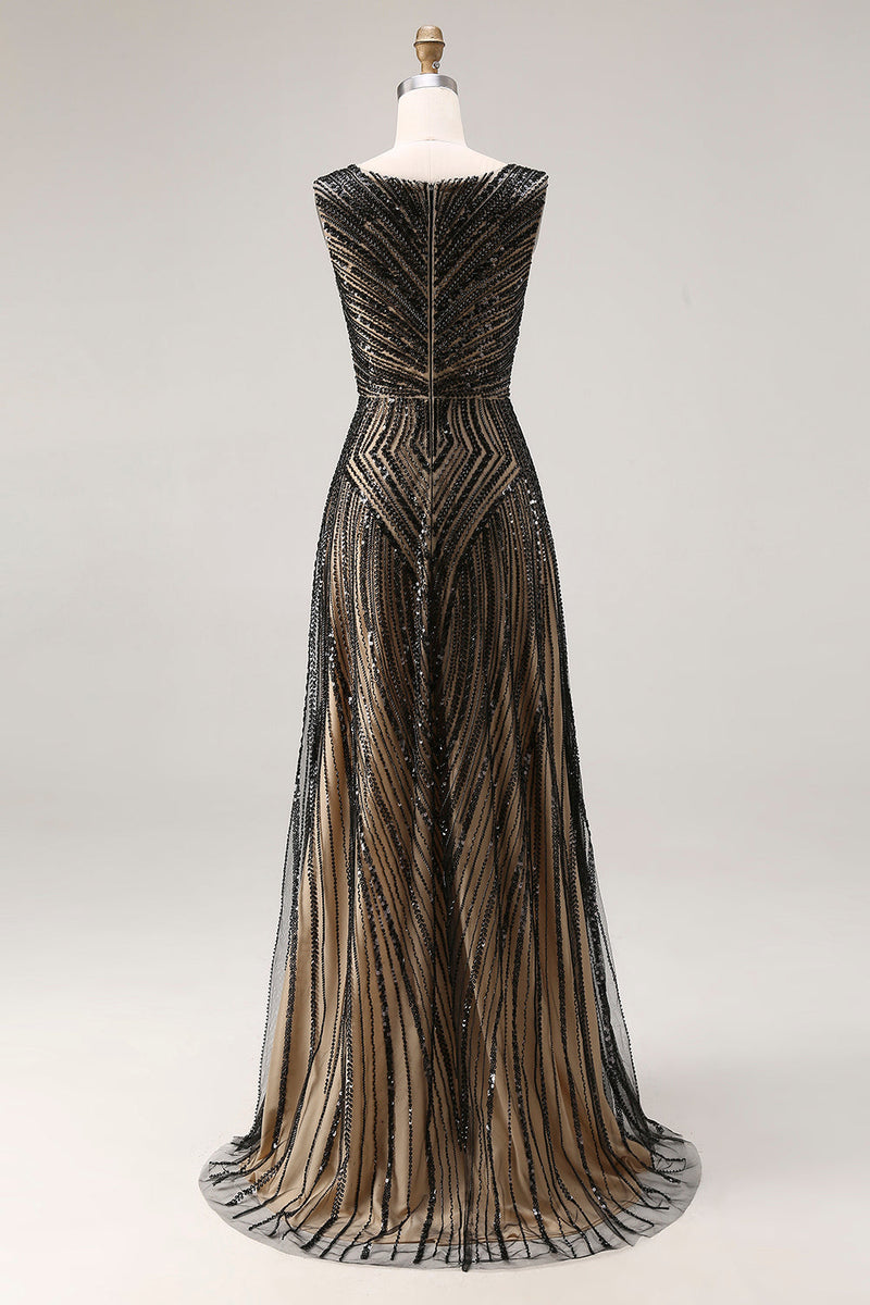 Laden Sie das Bild in den Galerie-Viewer, Glitzerndes Schwarzes V-Ausschnitt Besetztes Langes Ballkleid mit Pailletten