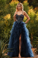Laden Sie das Bild in den Galerie-Viewer, Marineblaues Spaghettiträger A-Linie Langes Tüll Abschlussballkleid