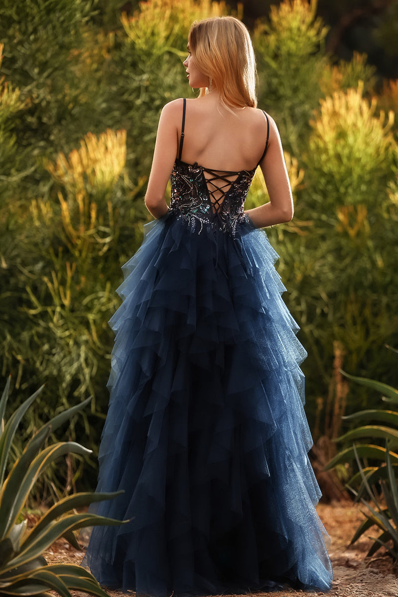 Laden Sie das Bild in den Galerie-Viewer, Marineblaues Spaghettiträger A-Linie Langes Tüll Abschlussballkleid