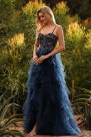 Laden Sie das Bild in den Galerie-Viewer, Marineblaues Spaghettiträger A-Linie Langes Tüll Abschlussballkleid