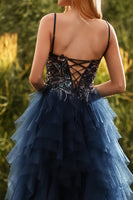 Laden Sie das Bild in den Galerie-Viewer, Marineblaues Spaghettiträger A-Linie Langes Tüll Abschlussballkleid