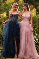 Laden Sie das Bild in den Galerie-Viewer, Rosa A-Linie Appliquiertes Tüll Spaghetti-Träger Langes Abschlussballkleid mit Rüschen