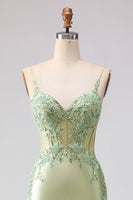 Laden Sie das Bild in den Galerie-Viewer, Hellgrünes Meerjungfrauen Korsett Rüschen Langes Ballkleid mit Schnürung Rücken