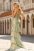 Laden Sie das Bild in den Galerie-Viewer, Hellgrünes Meerjungfrauen Korsett Rüschen Langes Ballkleid mit Schnürung Rücken