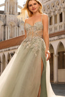 Laden Sie das Bild in den Galerie-Viewer, Glitzerndes A-Linie Korsett Pfirsich Pailletten Langes Tüll Ballkleid mit Schlitz