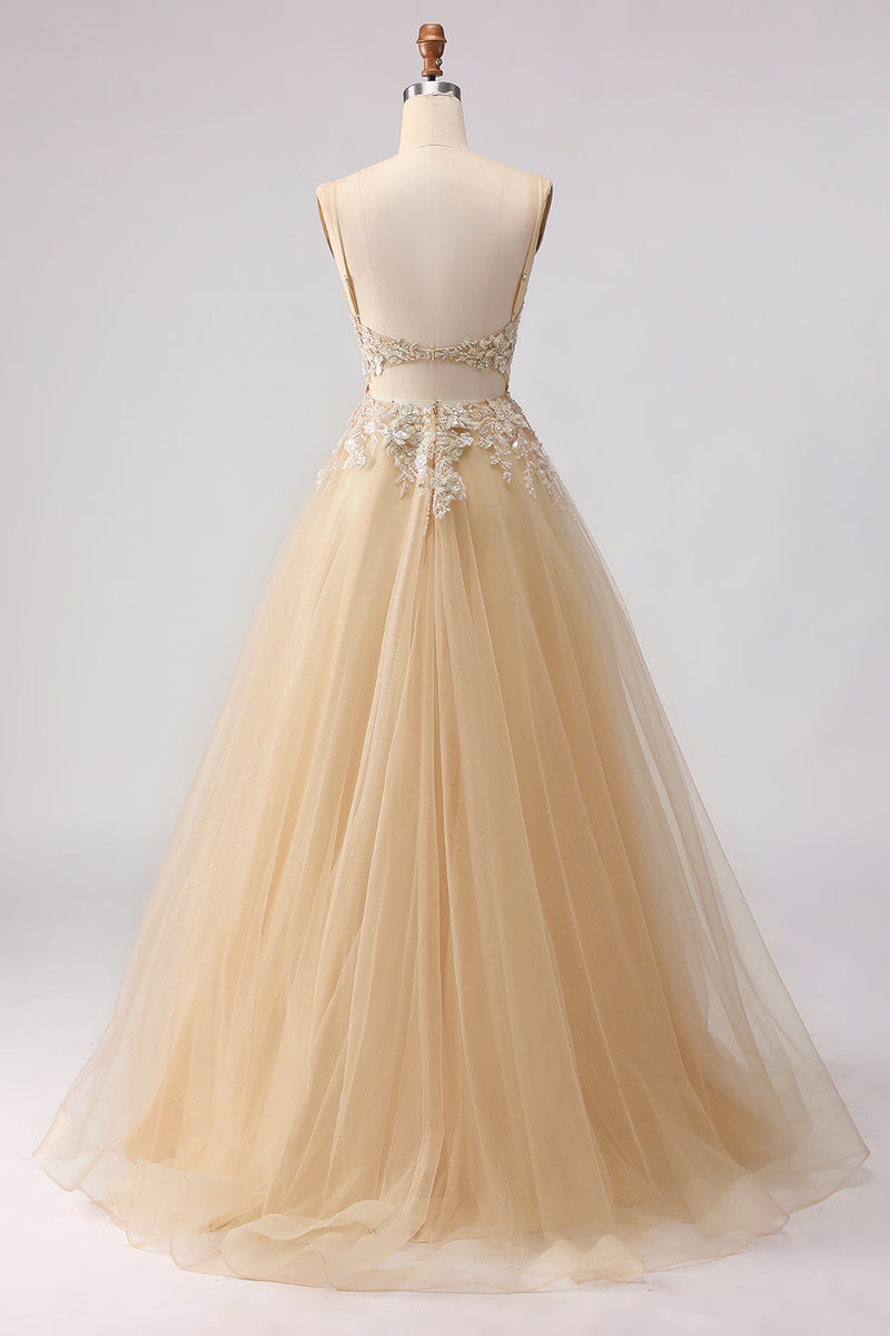 Laden Sie das Bild in den Galerie-Viewer, Glitzerndes A-Linie Tüll Besticktes Pfirsich Besticktes Langes Ballkleid mit Schlitz