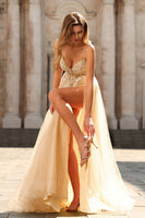 Laden Sie das Bild in den Galerie-Viewer, Glitzerndes A-Linie Korsett Pfirsich Pailletten Langes Tüll Ballkleid mit Schlitz