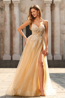 Laden Sie das Bild in den Galerie-Viewer, Glitzerndes A-Linie Korsett Pfirsich Pailletten Langes Tüll Ballkleid mit Schlitz